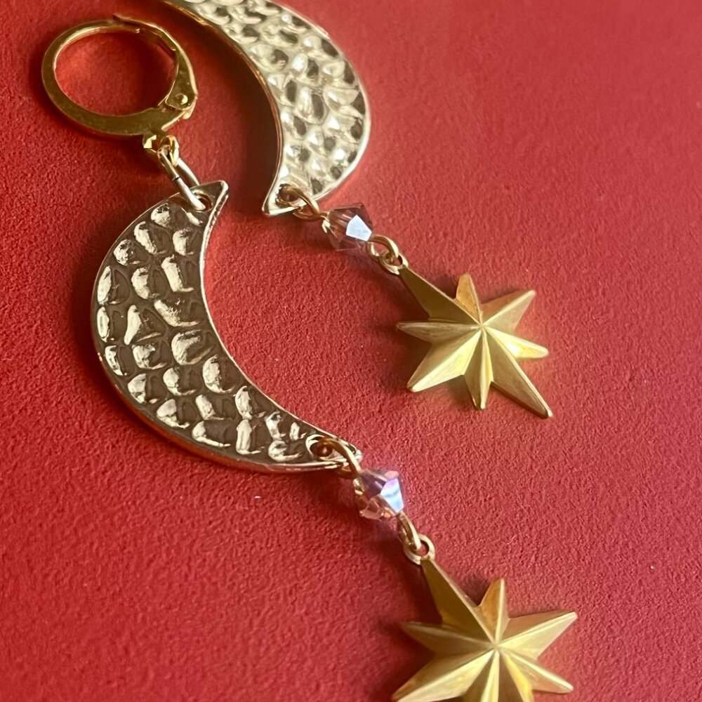 Gold Crescent Moon and Star Celestial Dangle Earrings with Swarovski Crystals - Picture 2 of 6